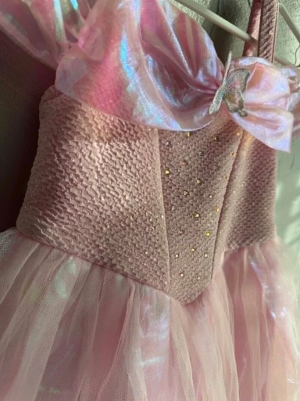 Girls Pink Princess Dress with Iridescent Overlay & Tulle Skirt | Costume Dress
